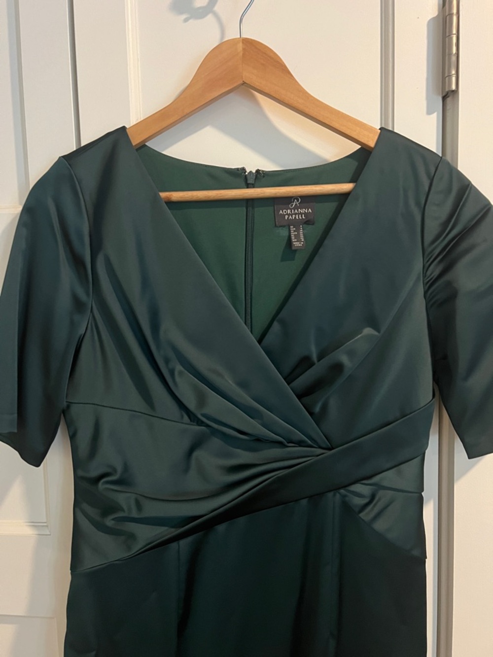 Adrianna Papell Dark Green Satin Midi Dress with Wrap Bodice